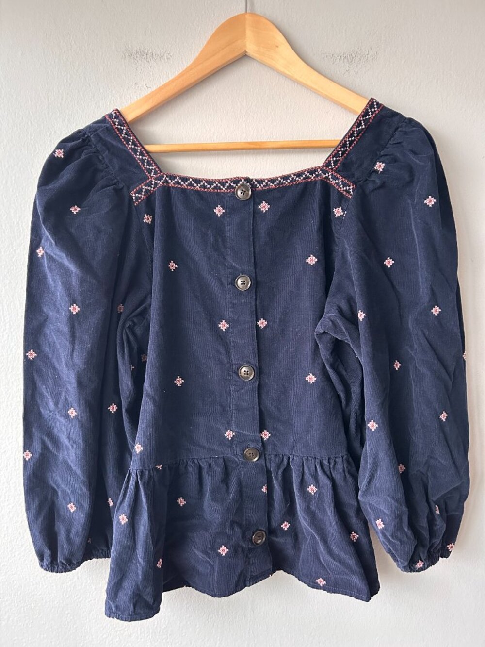 Madewell Embroidered Corduroy Button-Back Peplum Top Navy Floral Puff Sleeve L - Picture 4 of 9